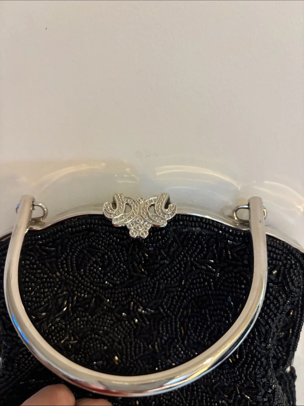 Small Black Beaded w metal Handle Evening Bag, satin lining